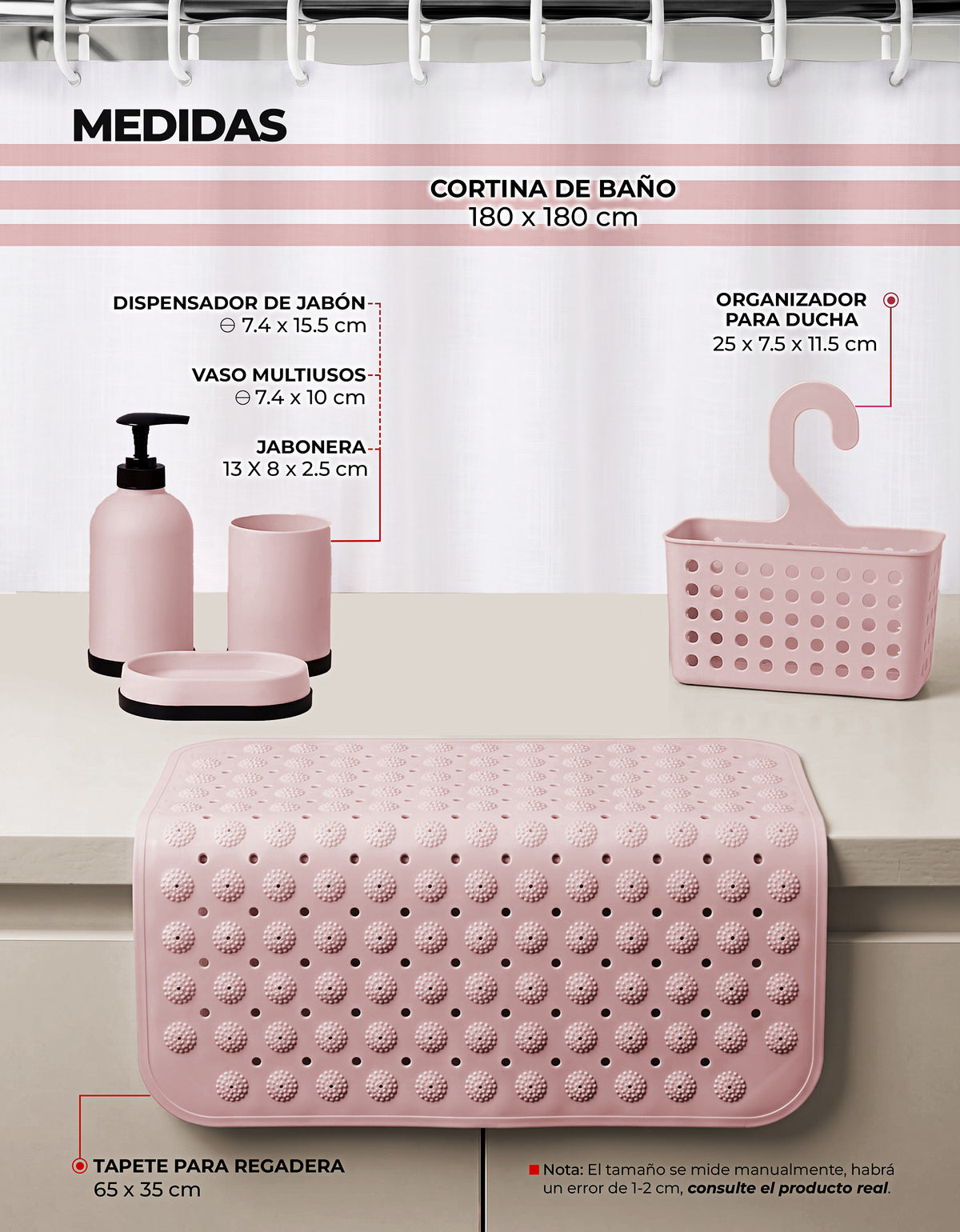 Set de Baño 6 Piezas Rosa · Cortina, Tapete, Organizador, Dispensador, Vaso y Jabonera