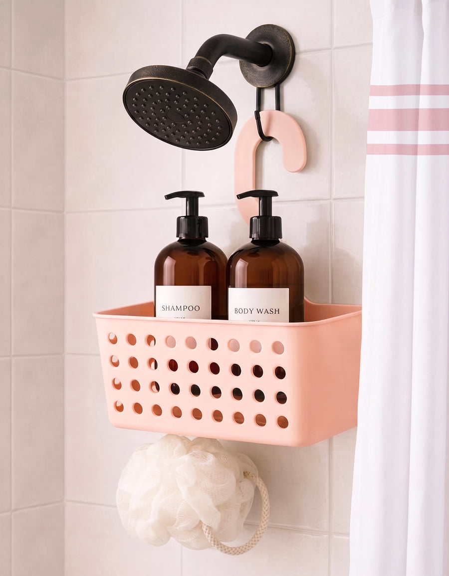 Set de Baño 6 Piezas Rosa · Cortina, Tapete, Organizador, Dispensador, Vaso y Jabonera