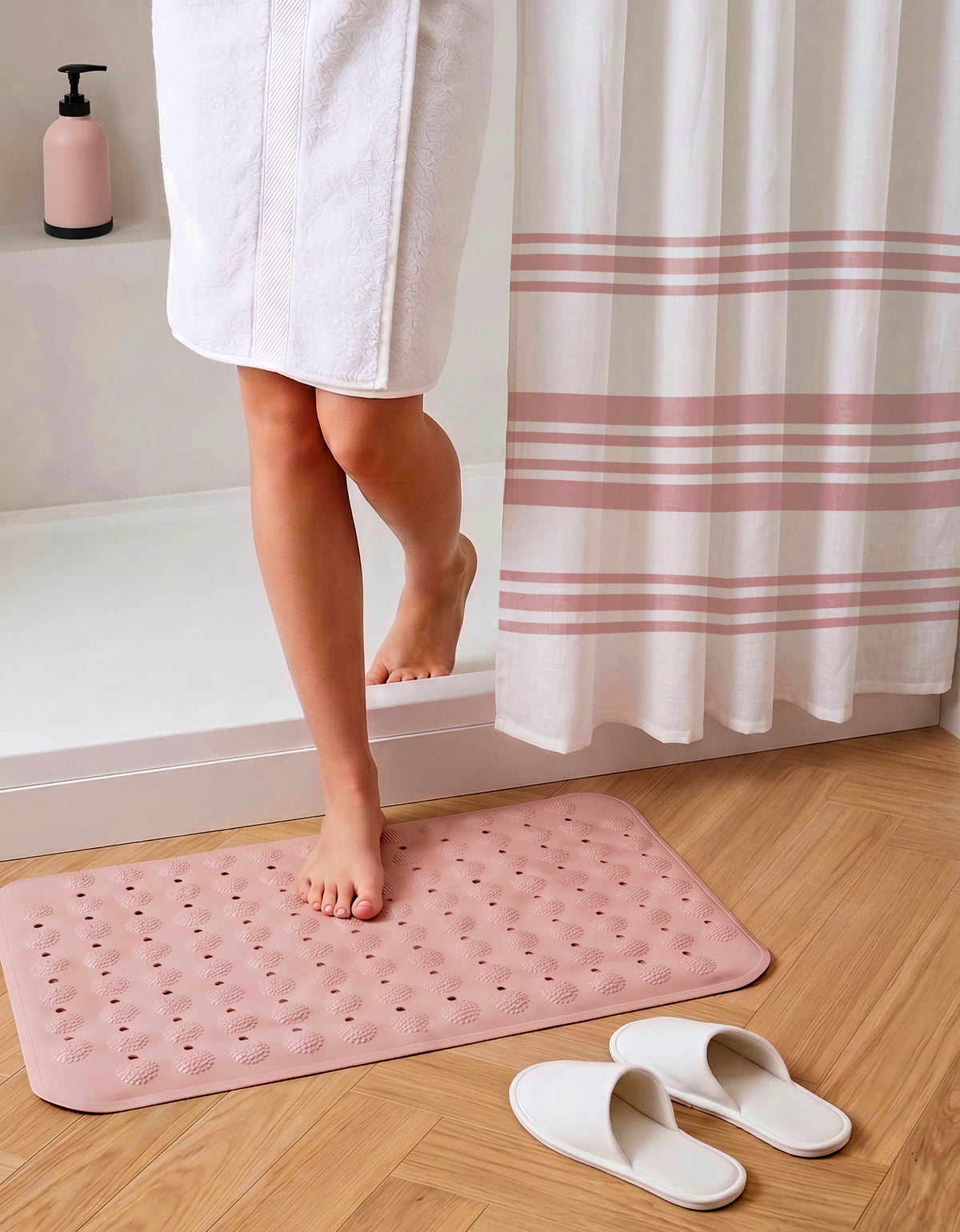 Set de Baño 6 Piezas Rosa · Cortina, Tapete, Organizador, Dispensador, Vaso y Jabonera