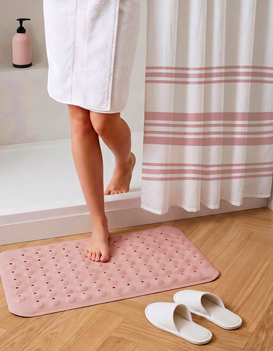 Set de Baño 6 Piezas Rosa · Cortina, Tapete, Organizador, Dispensador, Vaso y Jabonera