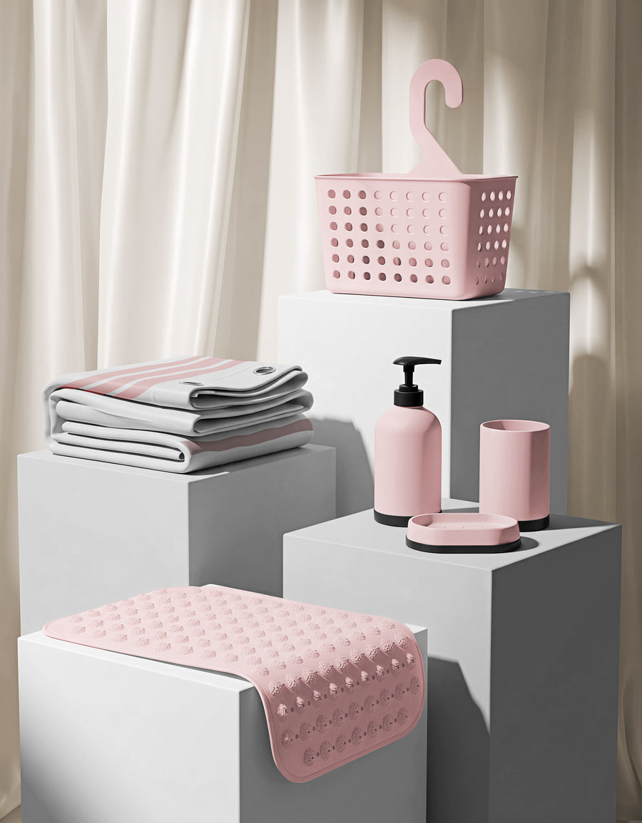 Set de Baño 6 Piezas Rosa · Cortina, Tapete, Organizador, Dispensador, Vaso y Jabonera