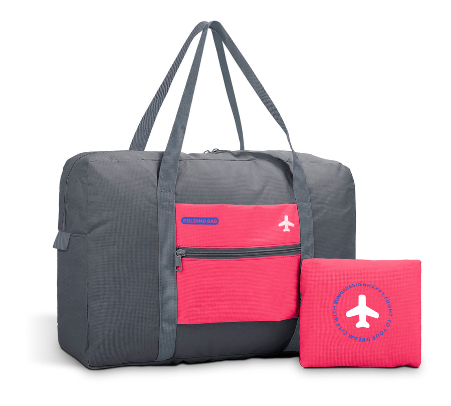 Maleta Bolsa de Viaje Plegable Impermeable · Se Monta en la Maleta · Equipaje de Cabina color Gris con Rosa