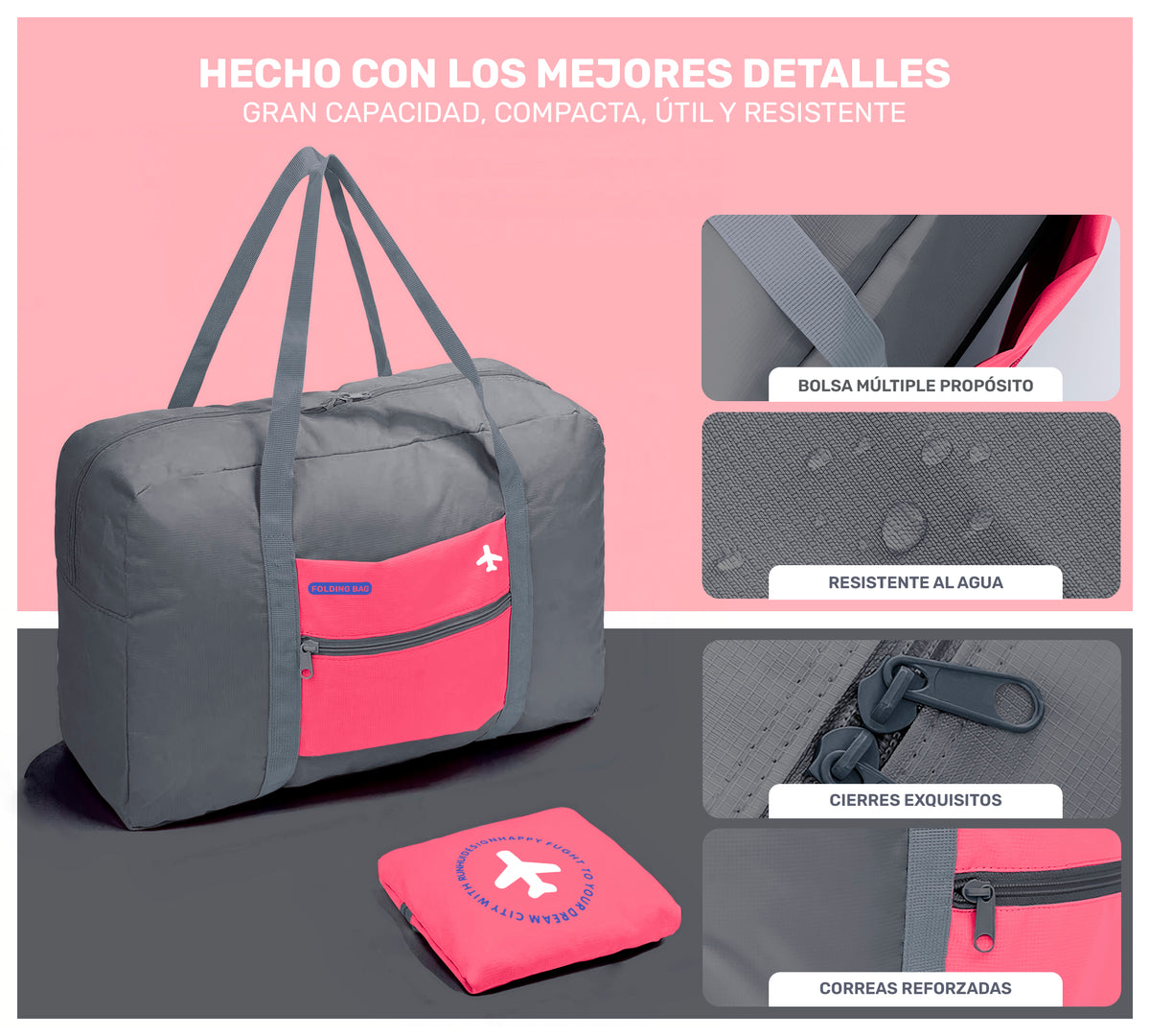 Maleta Bolsa de Viaje Plegable Impermeable · Se Monta en la Maleta · Equipaje de Cabina color Gris con Rosa