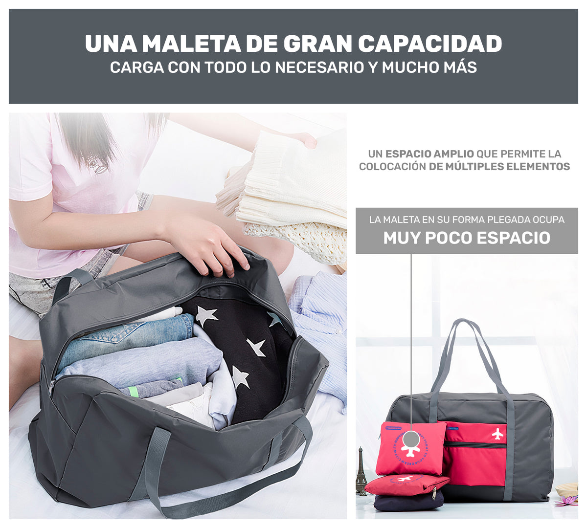 Maleta Bolsa de Viaje Plegable Impermeable · Se Monta en la Maleta · Equipaje de Cabina color Gris con Rosa