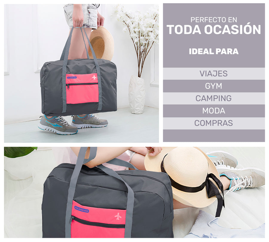 Maleta Bolsa de Viaje Plegable Impermeable · Se Monta en la Maleta · Equipaje de Cabina color Gris con Rosa