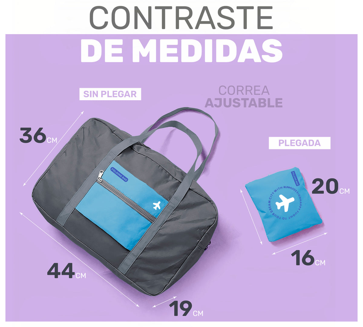 Maleta Bolsa de Viaje Plegable Impermeable · Se Monta en la Maleta · Equipaje de Cabina color Gris con Azul