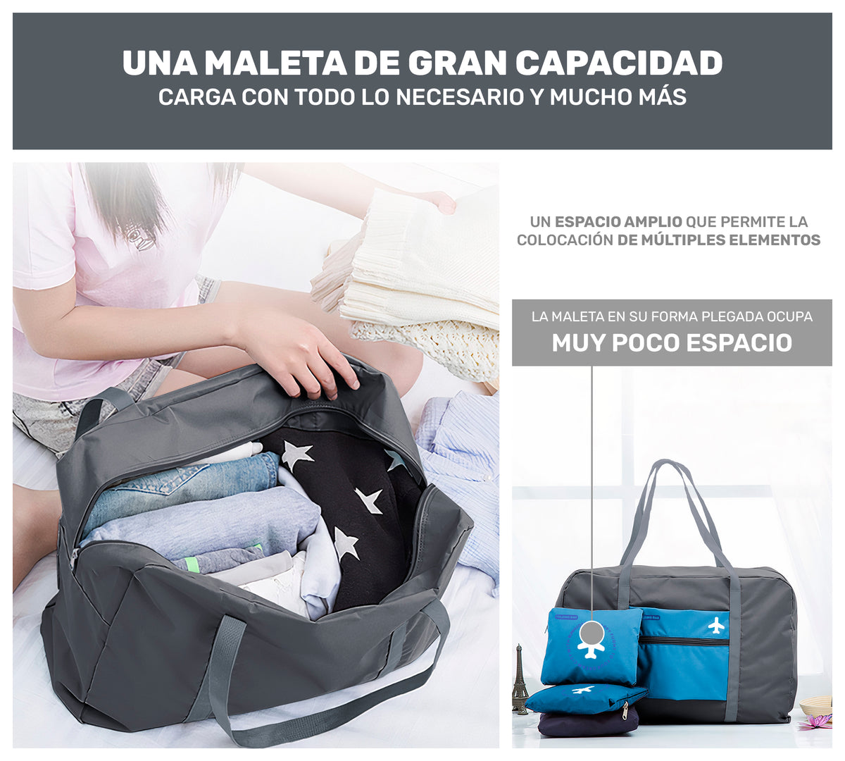 Maleta Bolsa de Viaje Plegable Impermeable · Se Monta en la Maleta · Equipaje de Cabina color Gris con Azul