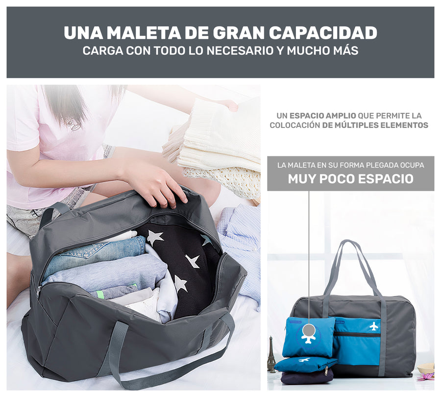 Maleta Bolsa de Viaje Plegable Impermeable · Se Monta en la Maleta · Equipaje de Cabina color Gris con Azul