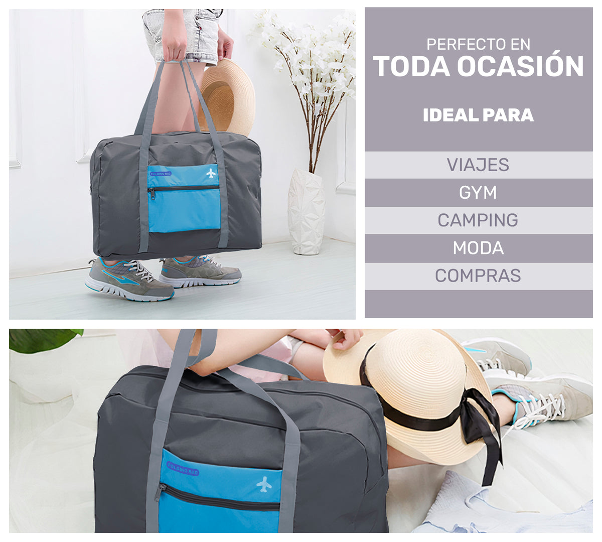 Maleta Bolsa de Viaje Plegable Impermeable · Se Monta en la Maleta · Equipaje de Cabina color Gris con Azul