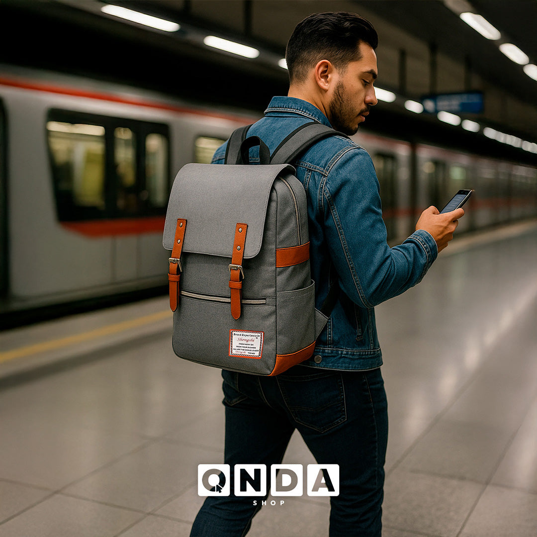 Mochila Vintage Retro Hombre y Mujer con Puerto USB · Tela Oxford · Compartimento para iPad color Gris