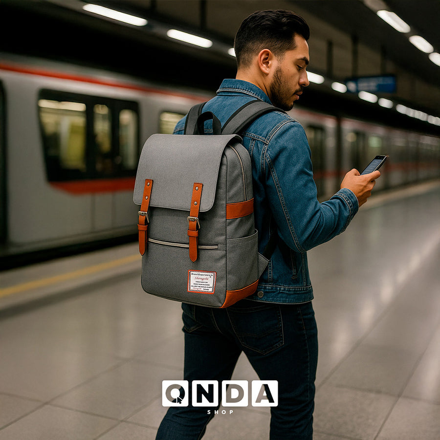 Mochila Vintage Retro Hombre y Mujer con Puerto USB · Tela Oxford · Compartimento para iPad color Gris
