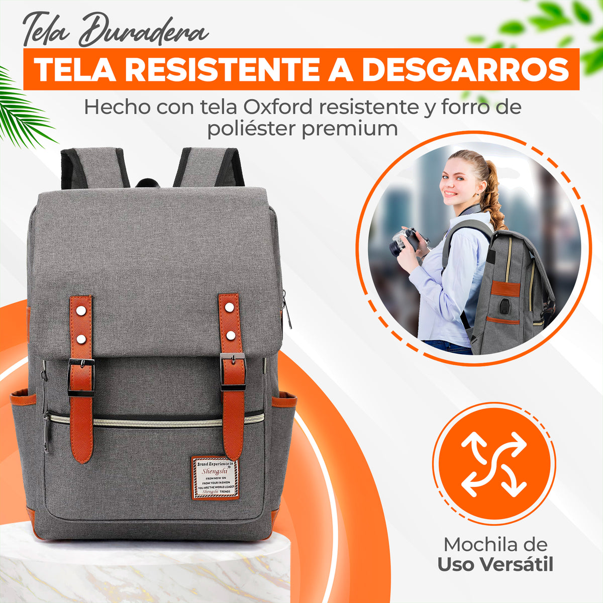 Mochila Vintage Retro Hombre y Mujer con Puerto USB · Tela Oxford · Compartimento para iPad color Gris