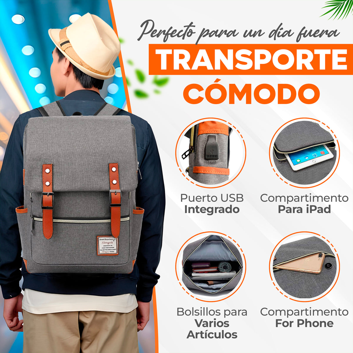 Mochila Vintage Retro Hombre y Mujer con Puerto USB · Tela Oxford · Compartimento para iPad color Gris