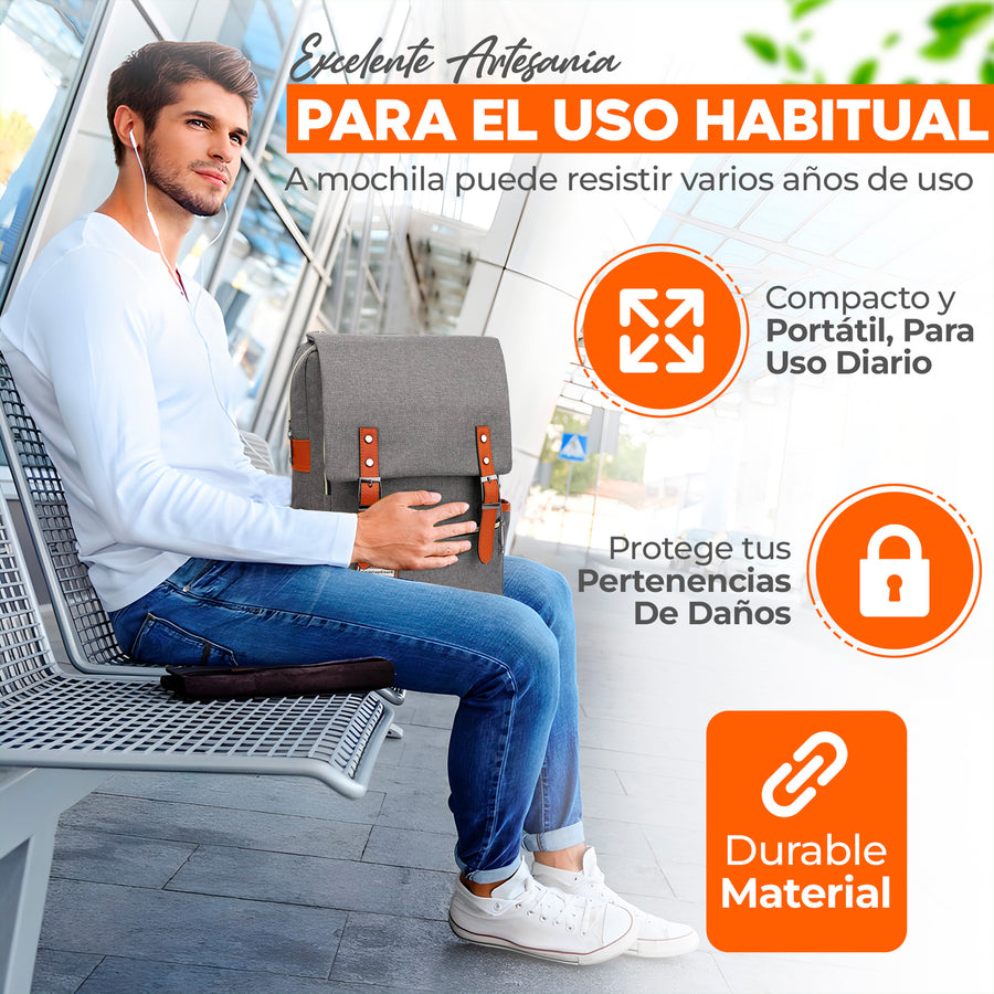 Mochila Vintage Retro Hombre y Mujer con Puerto USB · Tela Oxford · Compartimento para iPad color Gris