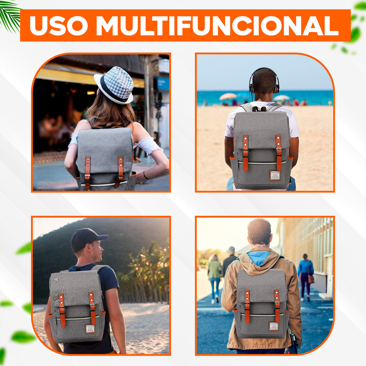 Mochila Vintage Retro Hombre y Mujer con Puerto USB · Tela Oxford · Compartimento para iPad color Gris