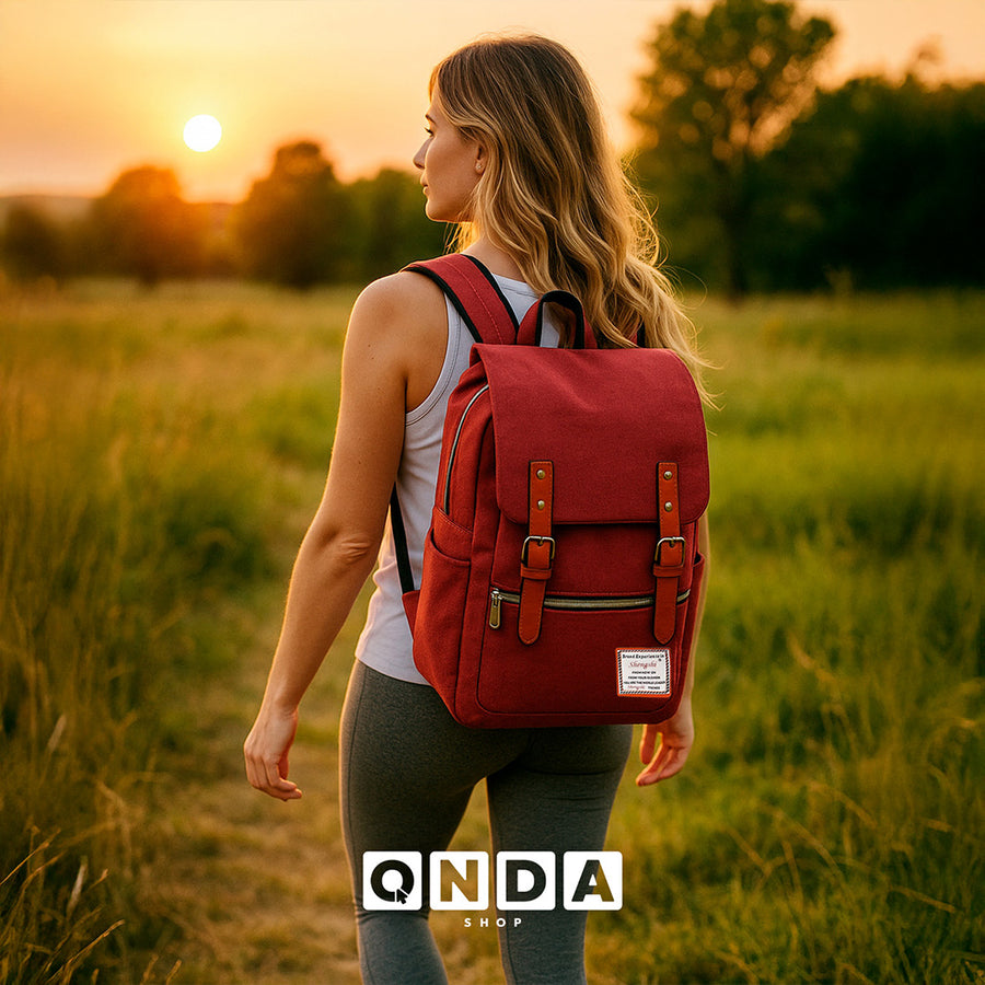 Mochila Vintage Retro Hombre y Mujer con Puerto USB · Tela Oxford · Compartimento para iPad color Rojo