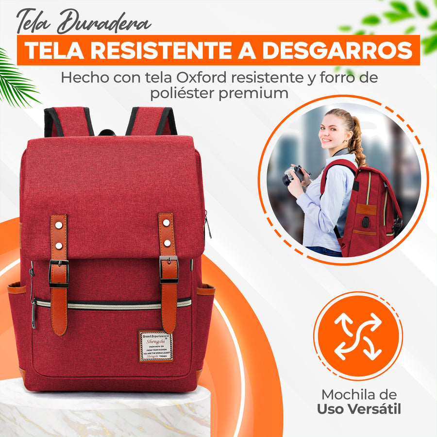 Mochila Vintage Retro Hombre y Mujer con Puerto USB · Tela Oxford · Compartimento para iPad color Rojo