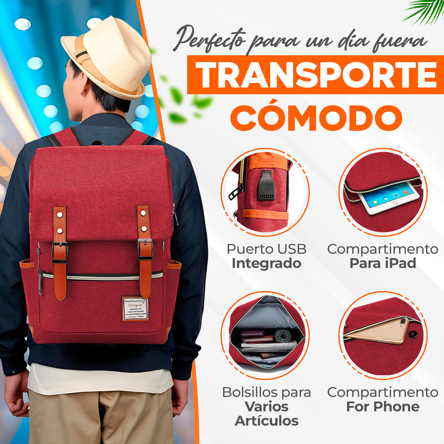 Mochila Vintage Retro Hombre y Mujer con Puerto USB · Tela Oxford · Compartimento para iPad color Rojo