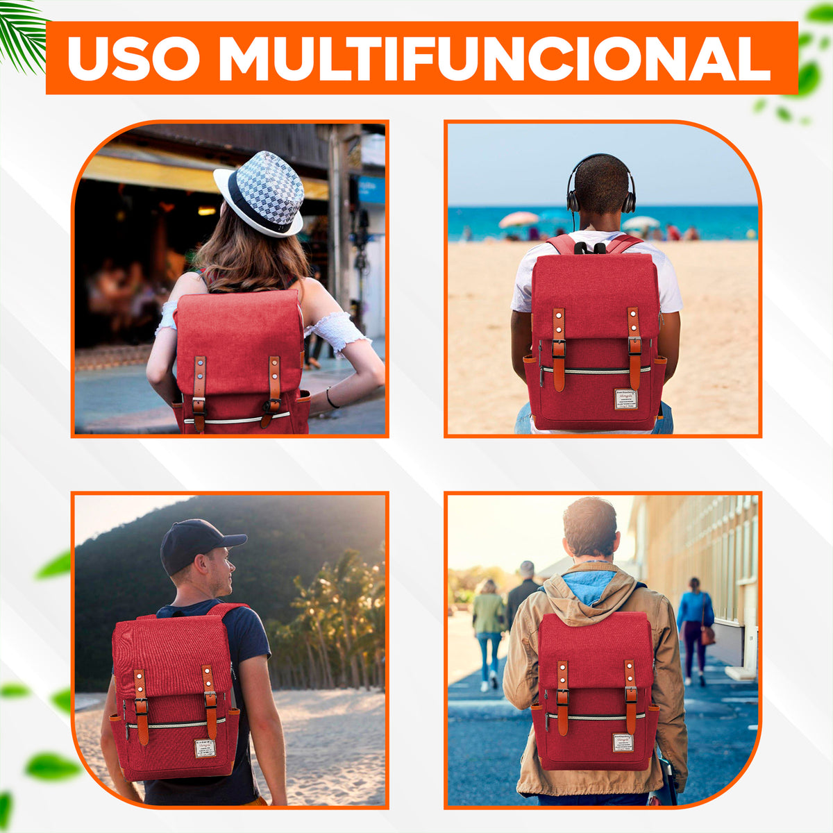 Mochila Vintage Retro Hombre y Mujer con Puerto USB · Tela Oxford · Compartimento para iPad color Rojo