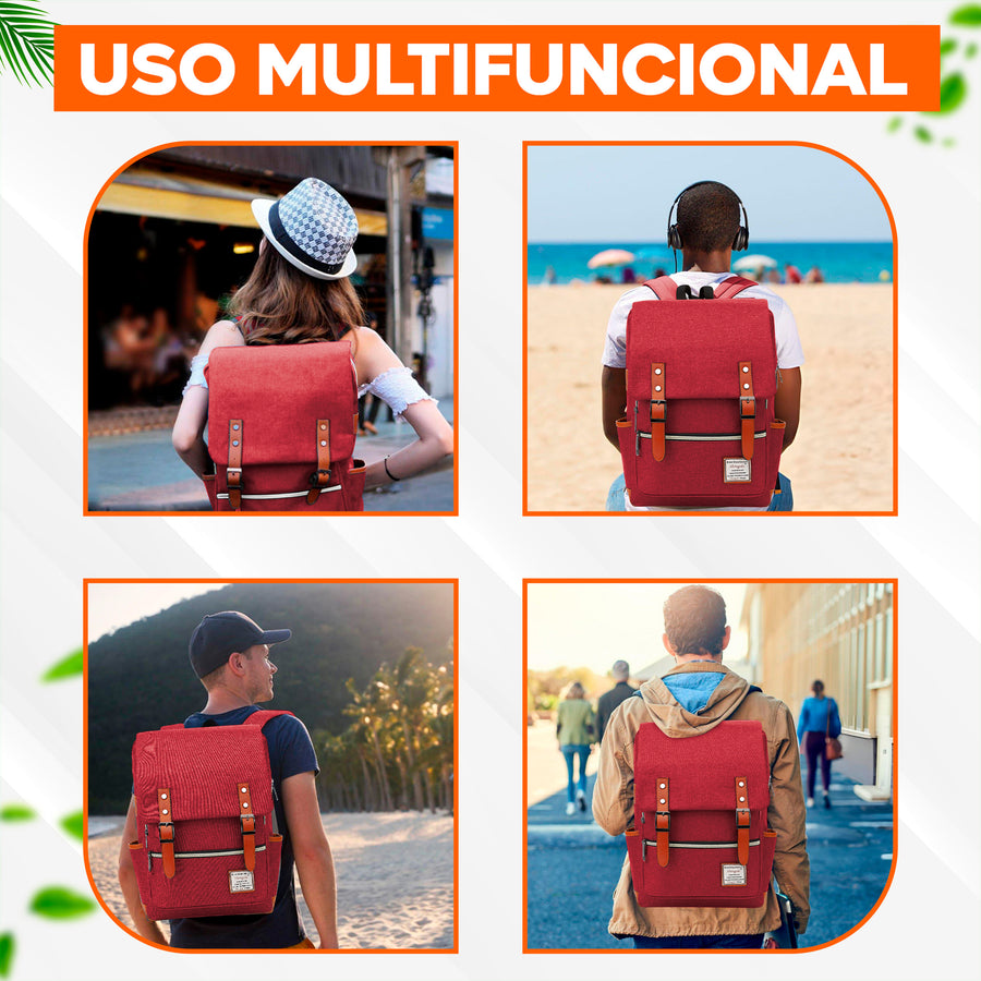 Mochila Vintage Retro Hombre y Mujer con Puerto USB · Tela Oxford · Compartimento para iPad color Rojo