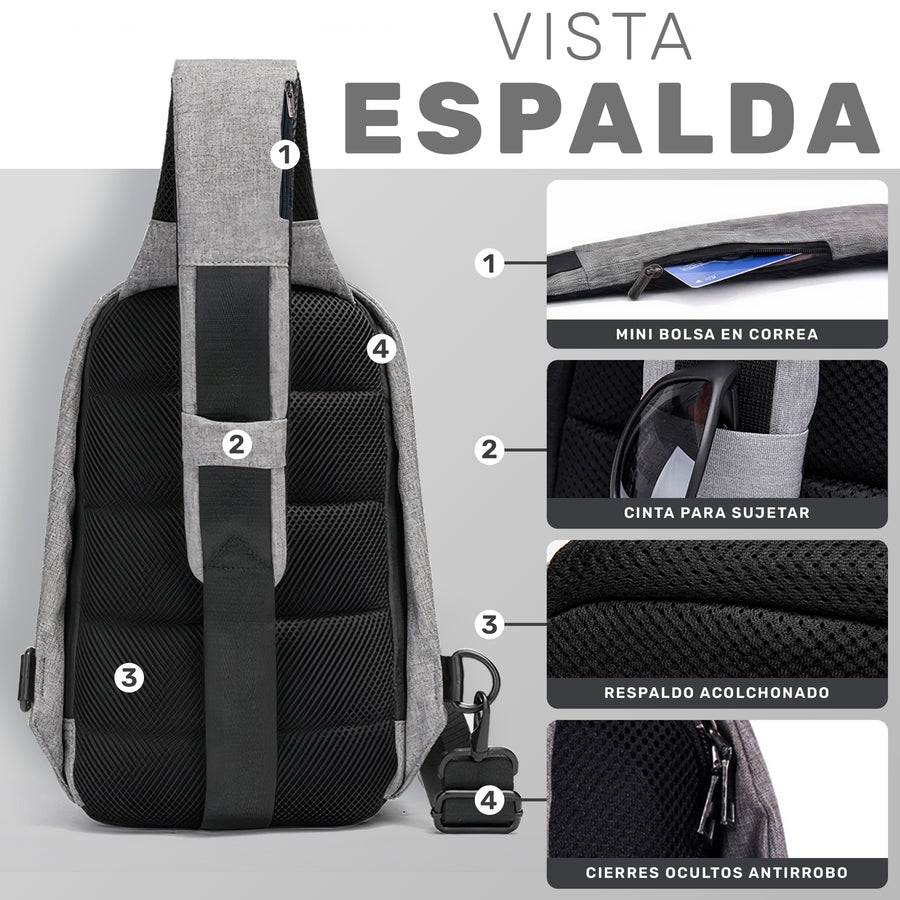 Bandolera Hombre Antirrobo con Puerto USB · Mochila Cruzada para iPad 9.7" · Gris color Gris
