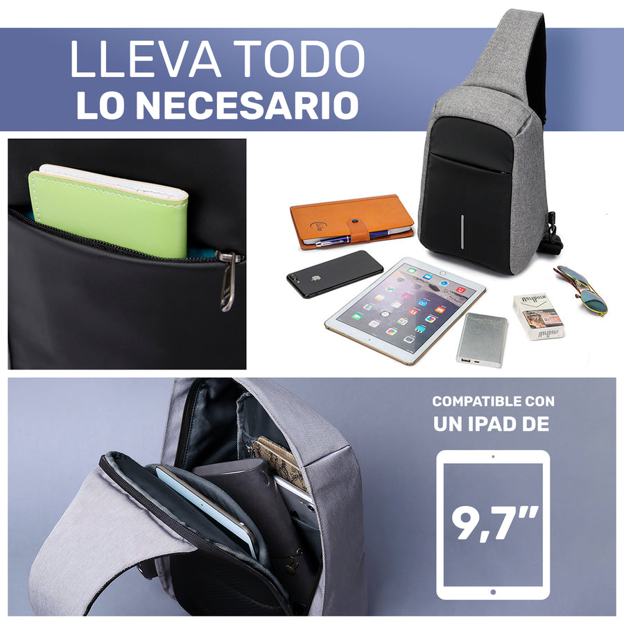 Bandolera Hombre Antirrobo con Puerto USB · Mochila Cruzada para iPad 9.7" · Gris color Gris