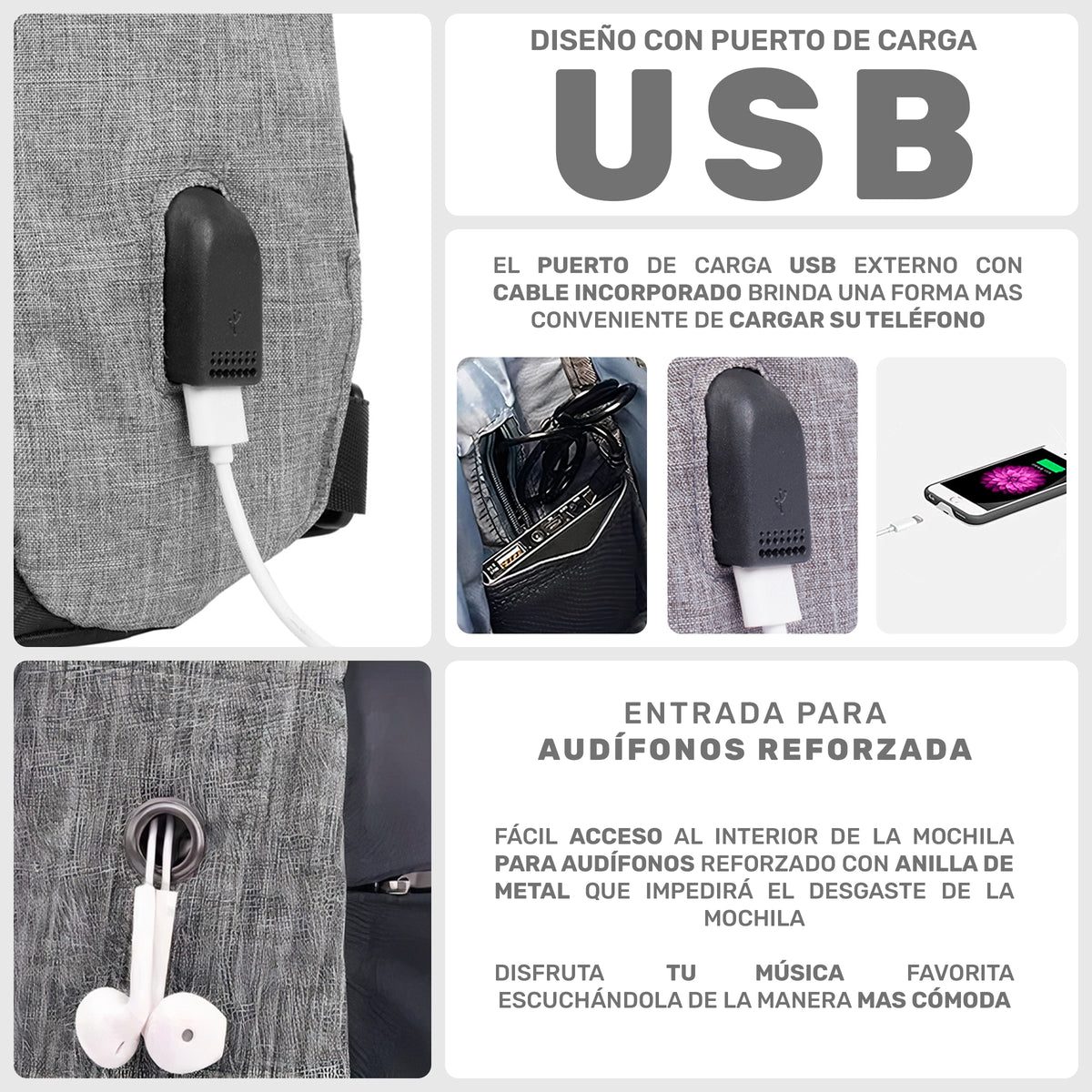 Bandolera Hombre Antirrobo con Puerto USB · Mochila Cruzada para iPad 9.7" · Gris color Gris