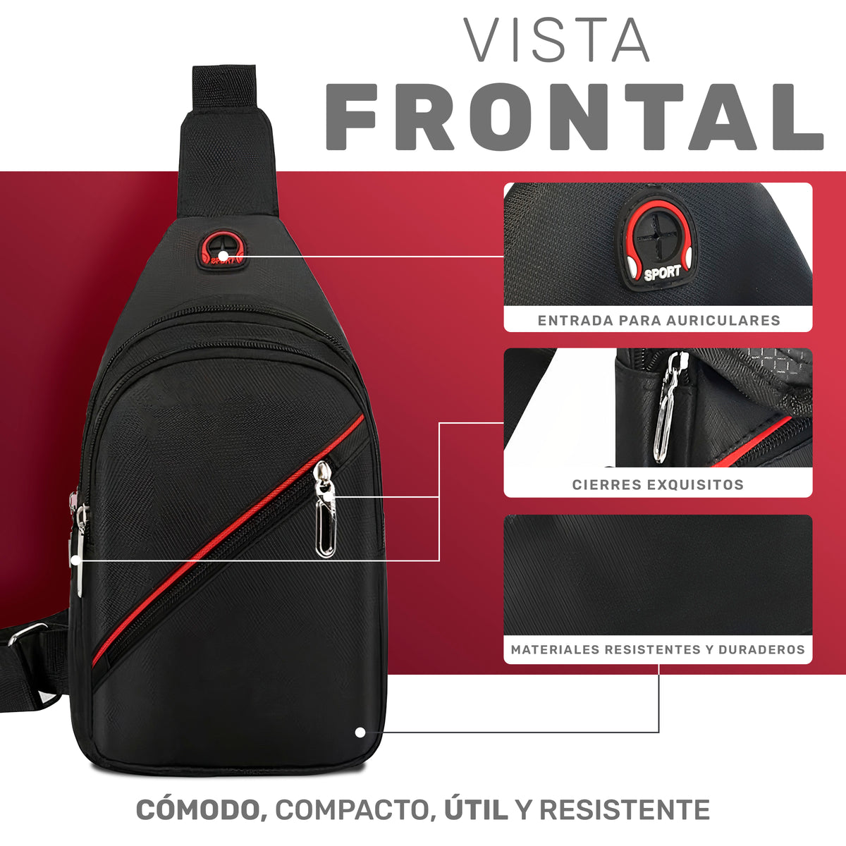 Bandolera de Pecho para Hombre Impermeable · Salida para Audífonos · Correa Ajustable