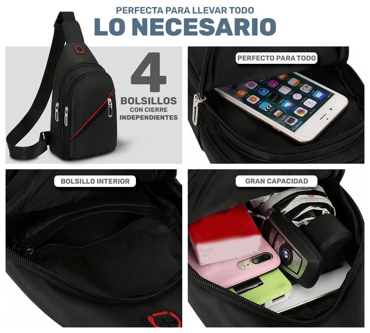 Bandolera de Pecho para Hombre Impermeable · Salida para Audífonos · Correa Ajustable