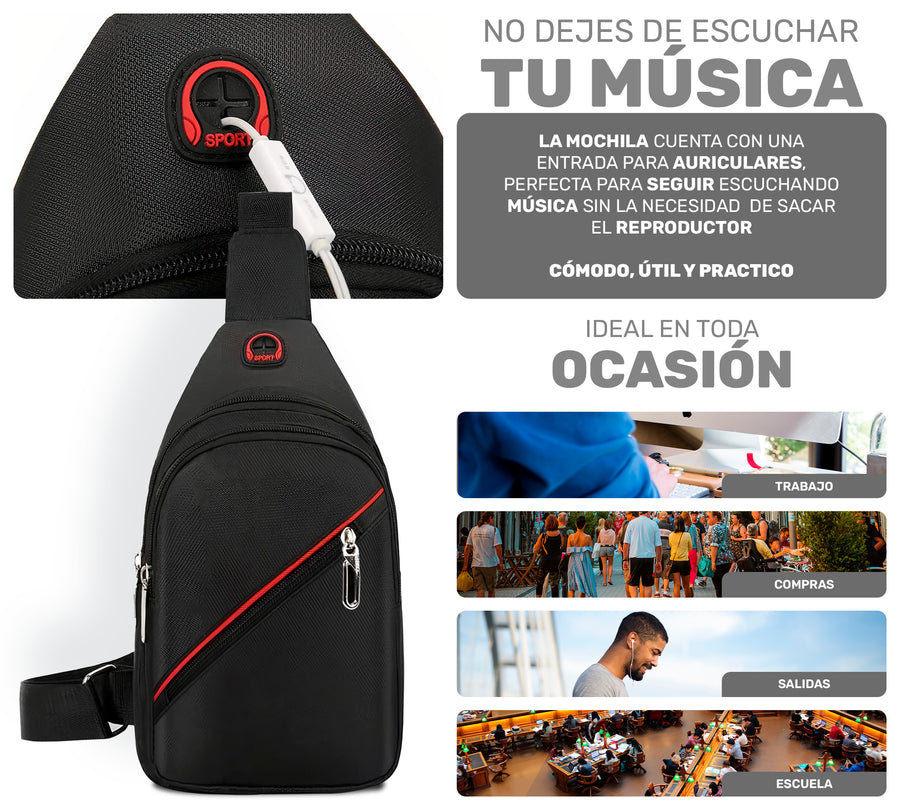 Bandolera de Pecho para Hombre Impermeable · Salida para Audífonos · Correa Ajustable