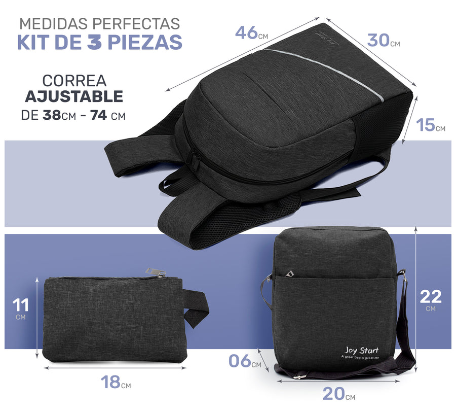 Kit Mochila Ejecutiva para Laptop con Puerto USB · Incluye Bolsa Cruzada y Lapicera