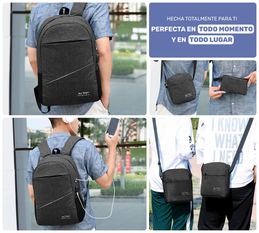 Kit Mochila Ejecutiva para Laptop con Puerto USB · Incluye Bolsa Cruzada y Lapicera