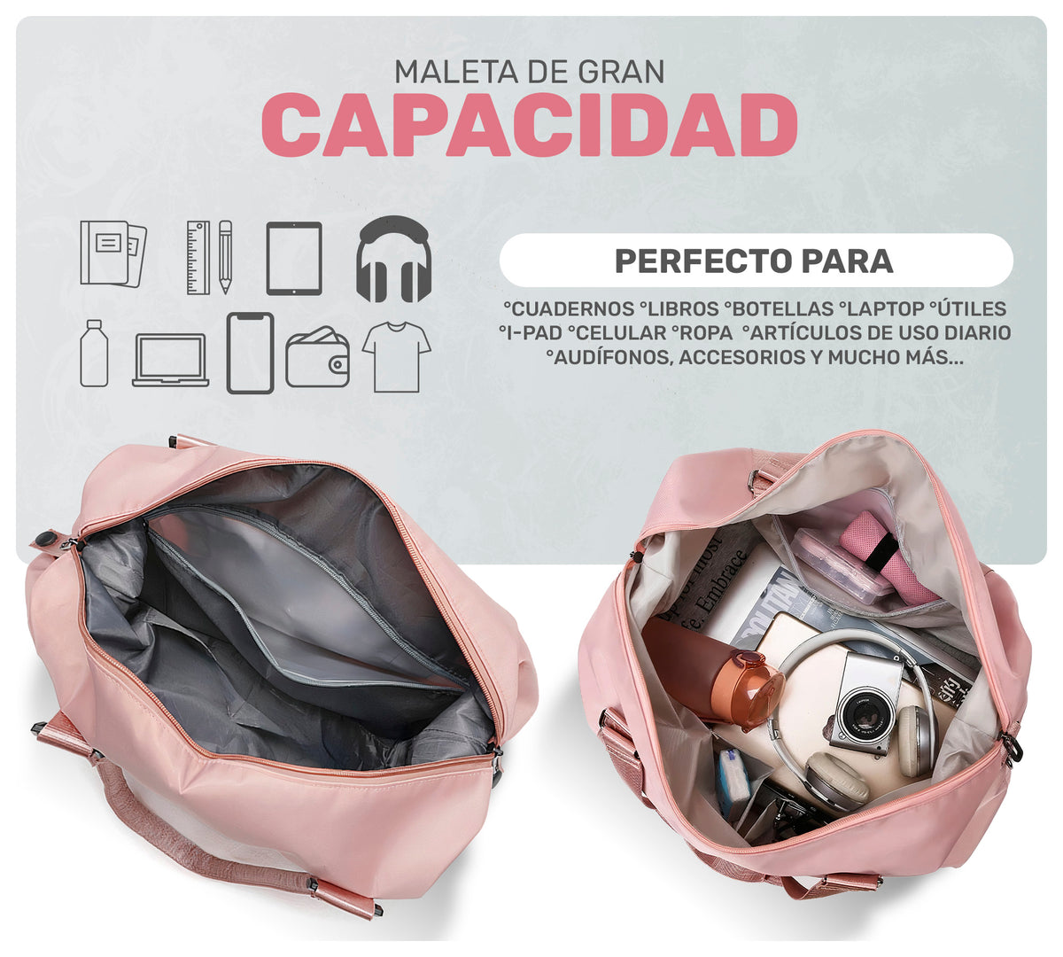 Maleta de Viaje y Gym Mujer Impermeable · Bolsillo para Ropa Mojada · 55 × 32 × 18 cm color Rosa