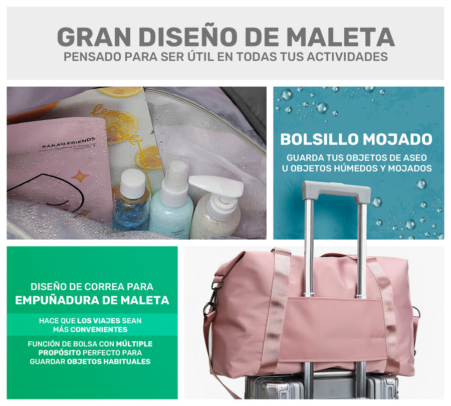 Maleta de Viaje y Gym Mujer Impermeable · Bolsillo para Ropa Mojada · 55 × 32 × 18 cm color Rosa
