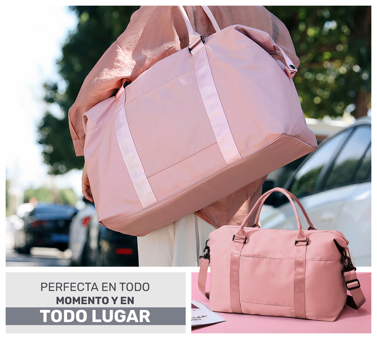 Maleta de Viaje y Gym Mujer Impermeable · Bolsillo para Ropa Mojada · 55 × 32 × 18 cm color Rosa