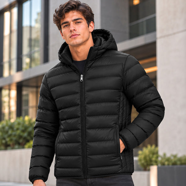 Chamarra Acolchada Hombre Impermeable con Capucha Desmontable color Negro