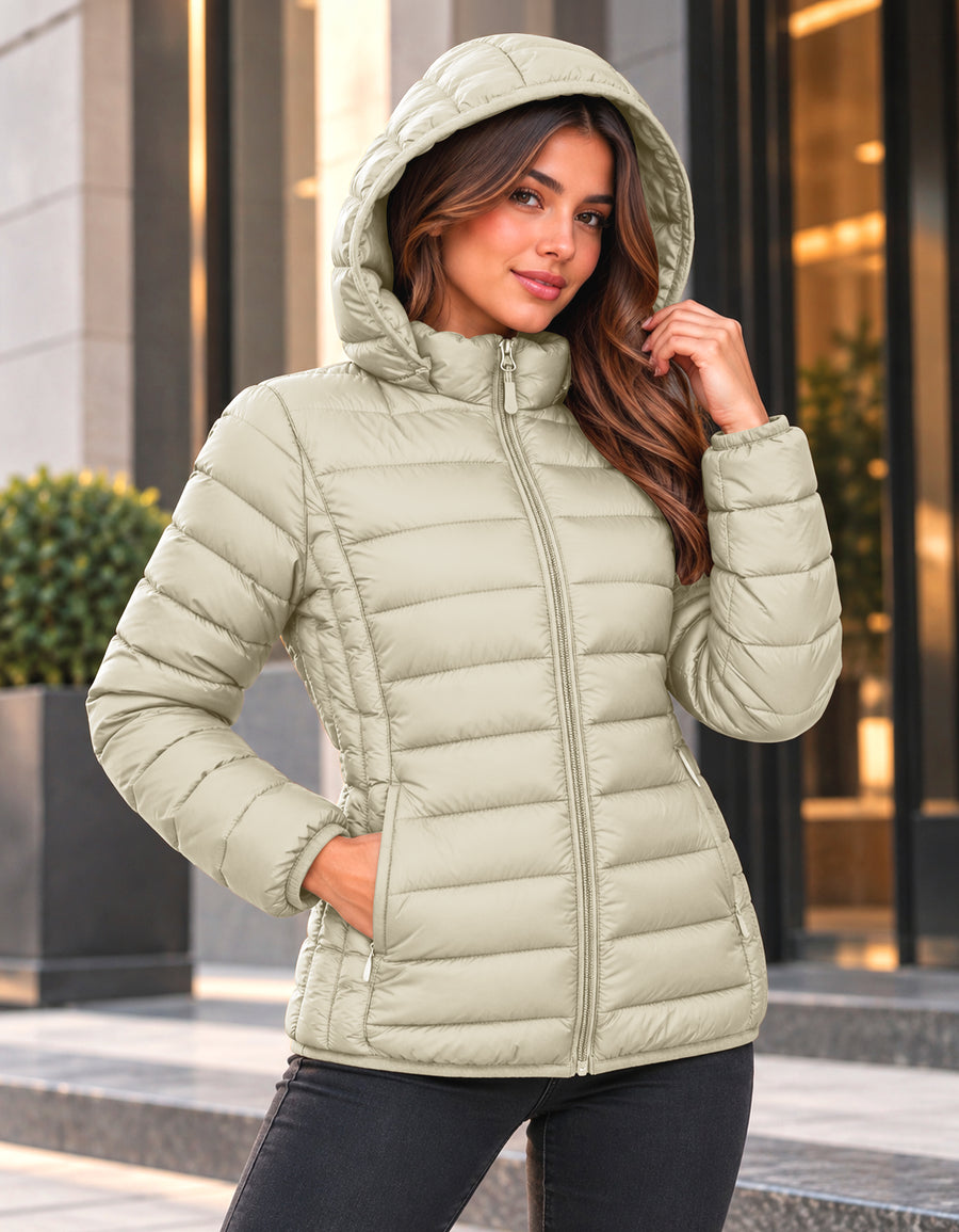 Chamarra Acolchada Mujer con Capucha · Ligera y Entallada color Beige