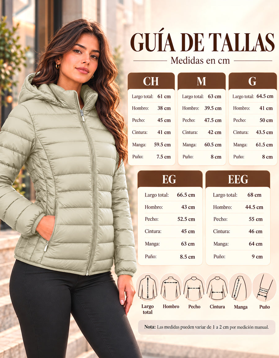 Chamarra Acolchada Mujer con Capucha · Ligera y Entallada color Beige