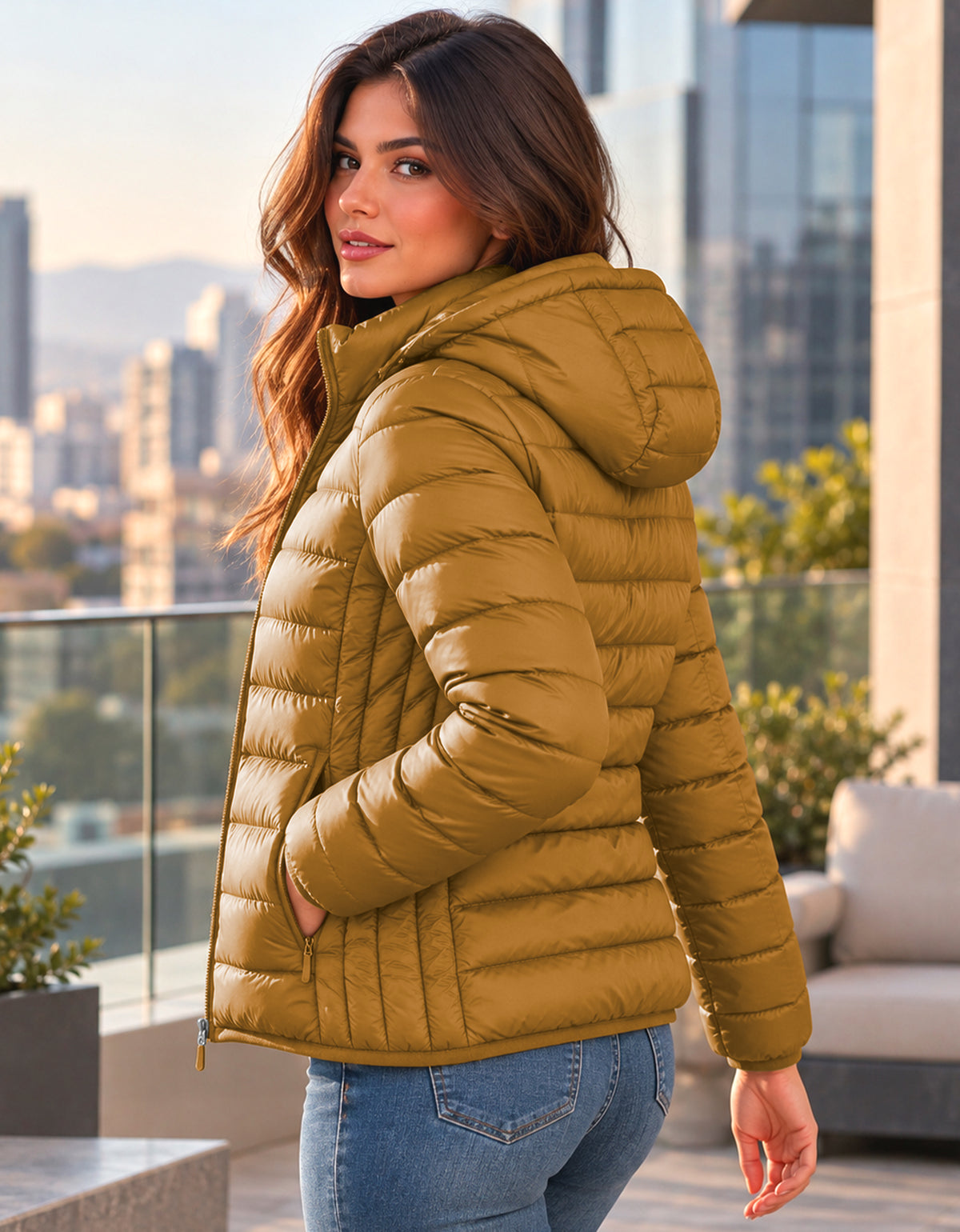 Chamarra Acolchada Mujer con Capucha · Ligera y Entallada color Café