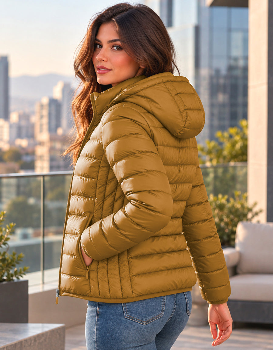 Chamarra Acolchada Mujer con Capucha · Ligera y Entallada color Café