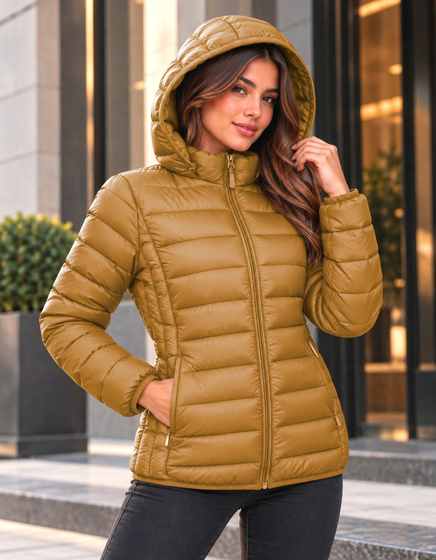 Chamarra Acolchada Mujer con Capucha · Ligera y Entallada color Café