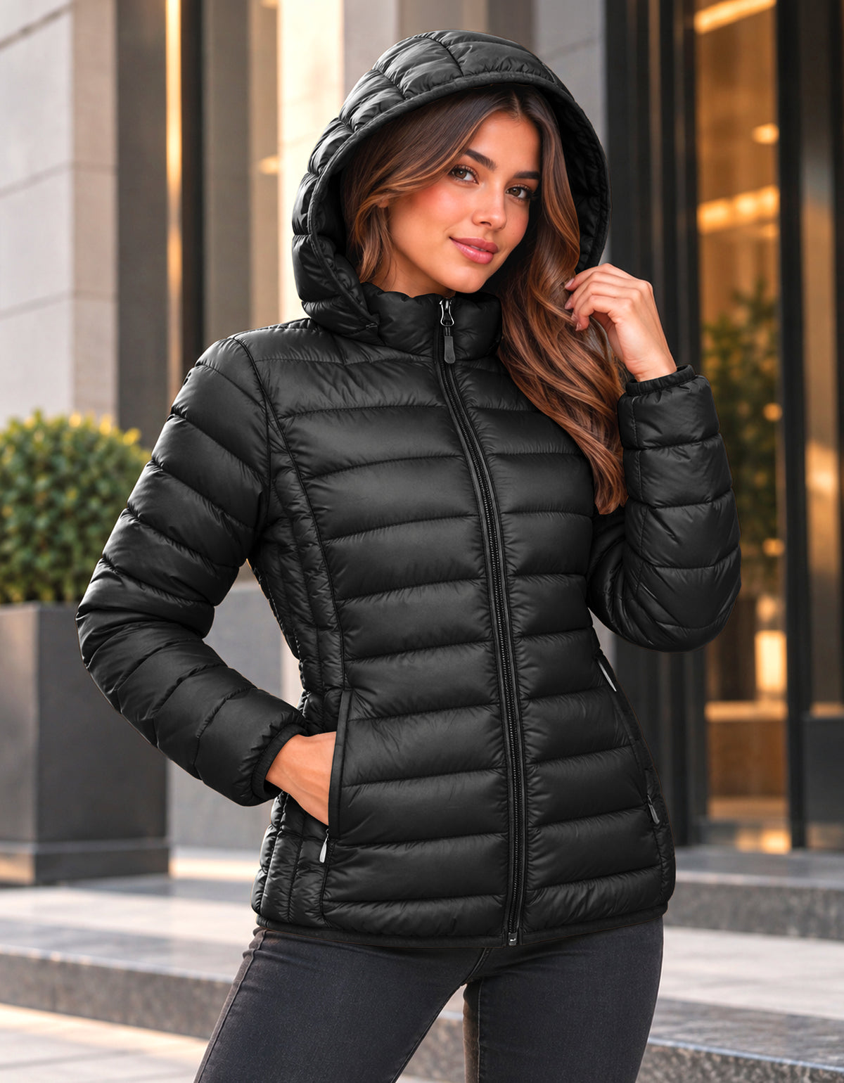 Chamarra Acolchada Mujer con Capucha · Ligera y Entallada color Negro