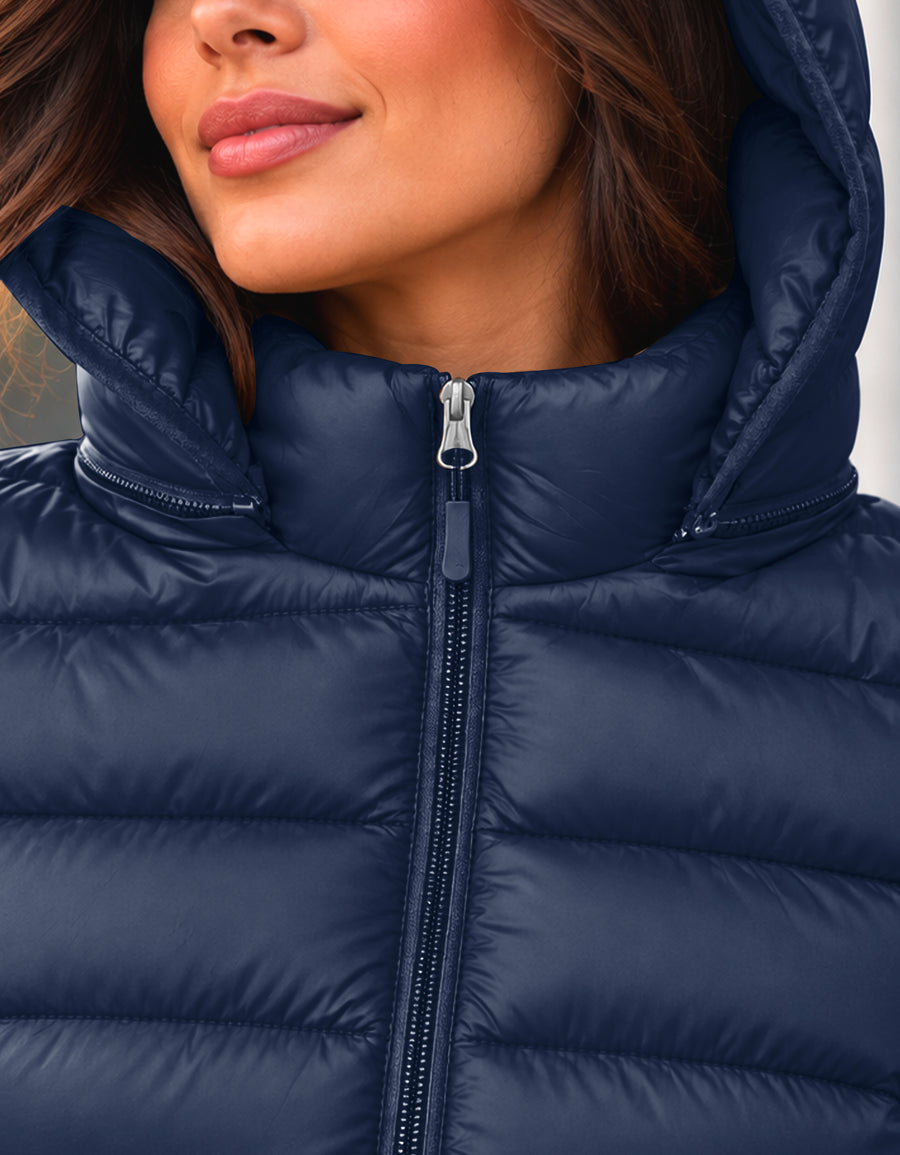 Chamarra Acolchada Mujer con Capucha · Ligera y Entallada color Azul Marino