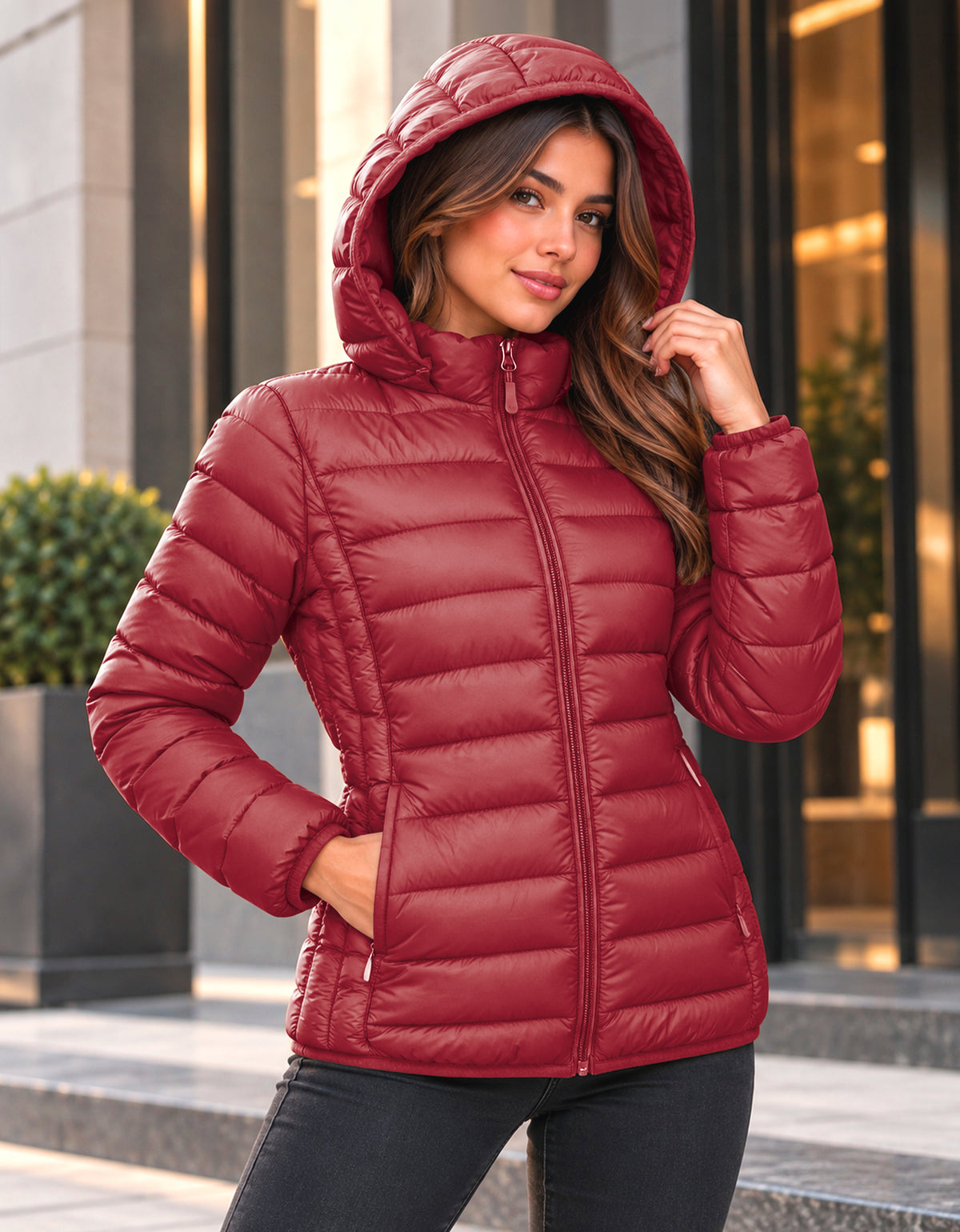 Chamarra Acolchada Mujer con Capucha · Ligera y Entallada color Vino