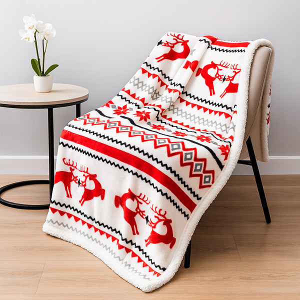 Cobija Polar con Sherpa Individual · Suave y Calientita · Diseño Navideño o Gris · Diseño Navideño rojo y blanco
