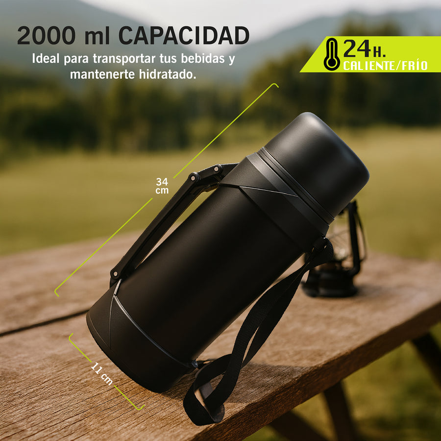 Termo de Acero Inoxidable 2 Litros · Frío y Caliente 24 h · Con Correa y Taza color Negro