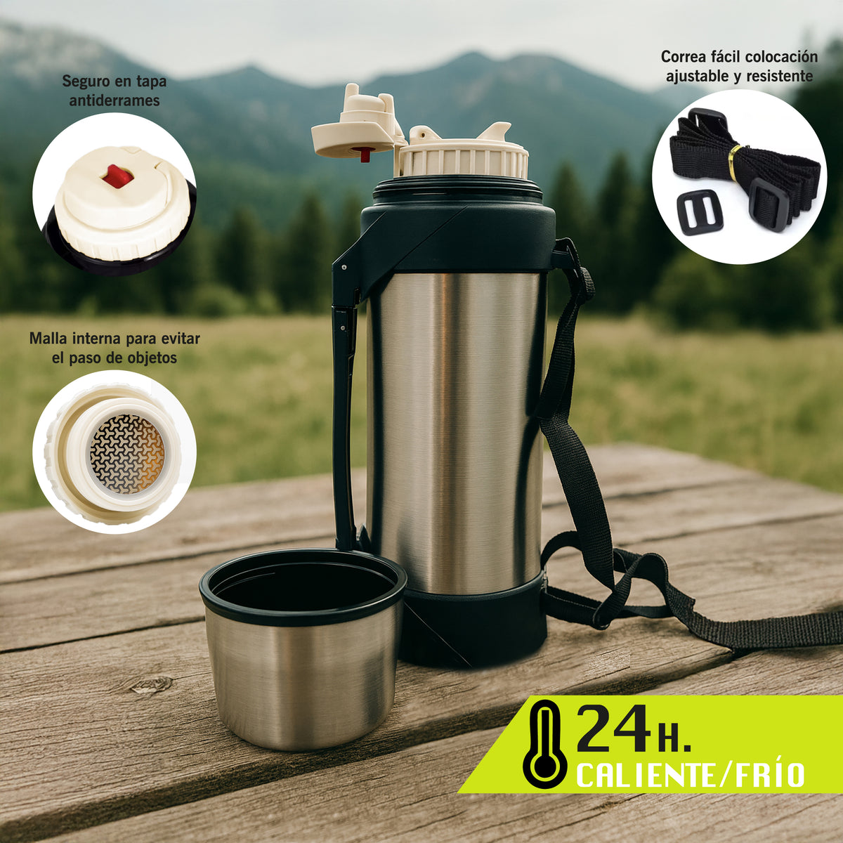 Termo de Acero Inoxidable 2 Litros · Frío y Caliente 24 h · Con Correa y Taza color Acero