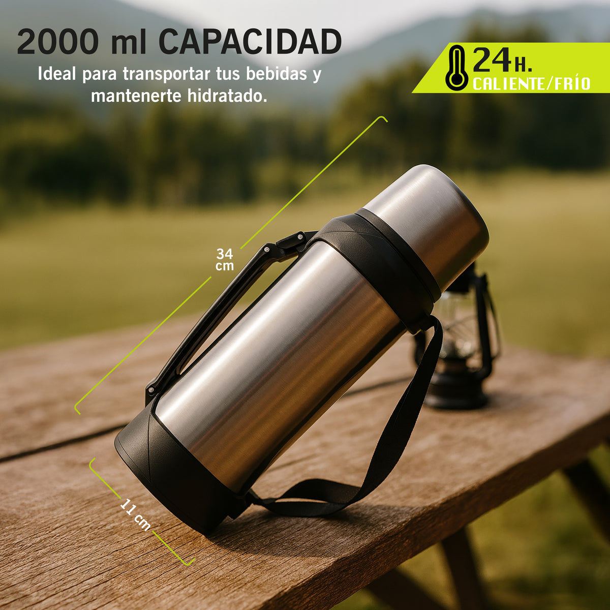 Termo de Acero Inoxidable 2 Litros · Frío y Caliente 24 h · Con Correa y Taza color Acero