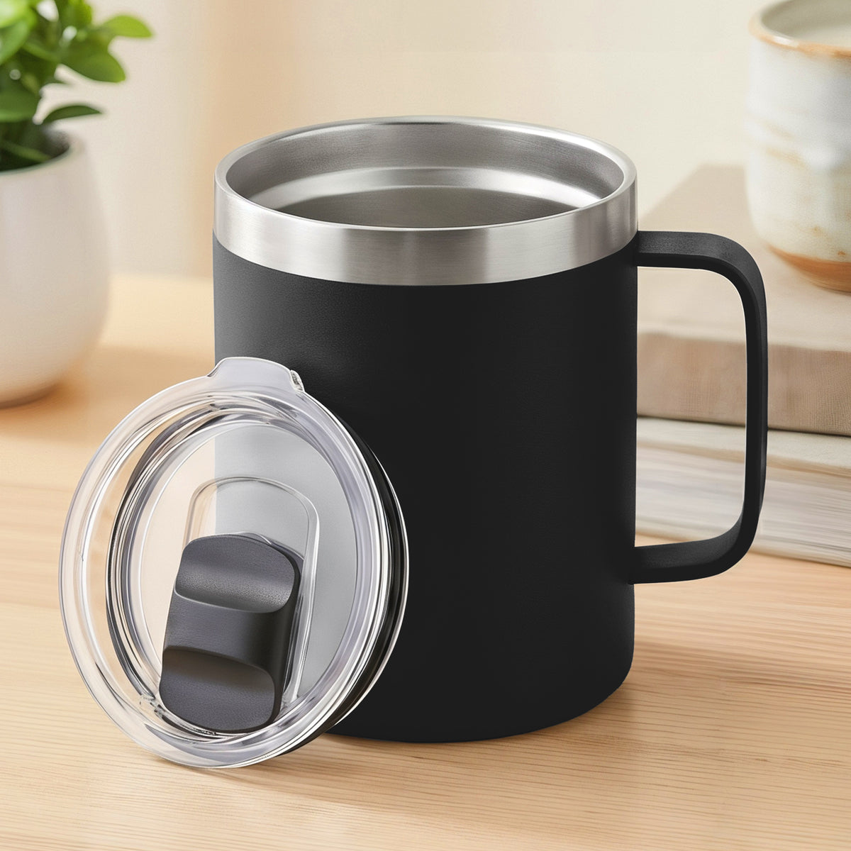 Taza Térmica para Café 12 oz Doble Capa con Asa y Tapa Antiderrame · Negra