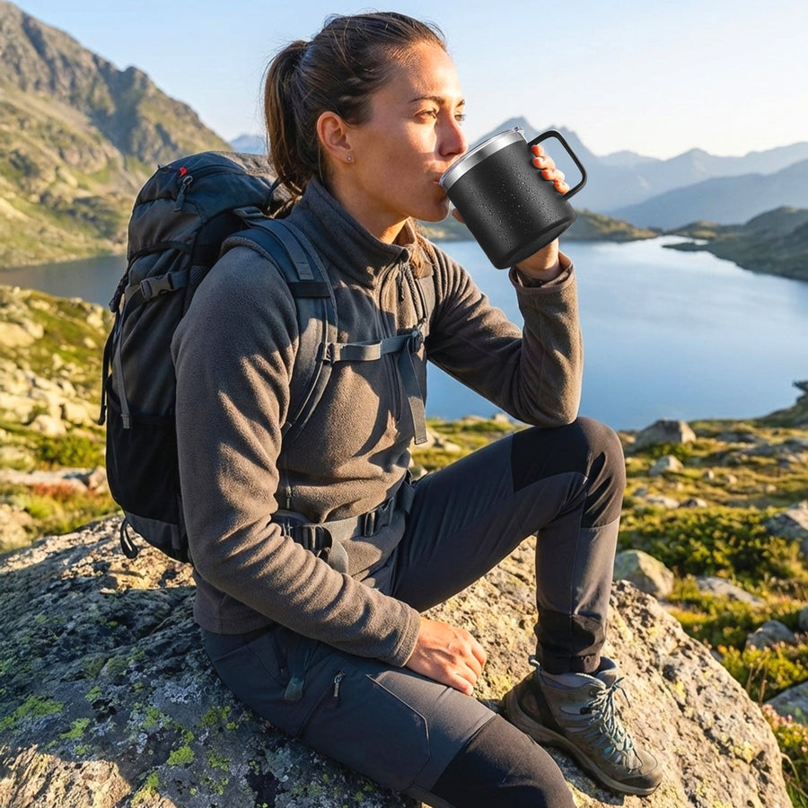 Taza Térmica para Café 12 oz Doble Capa con Asa y Tapa Antiderrame · Negra